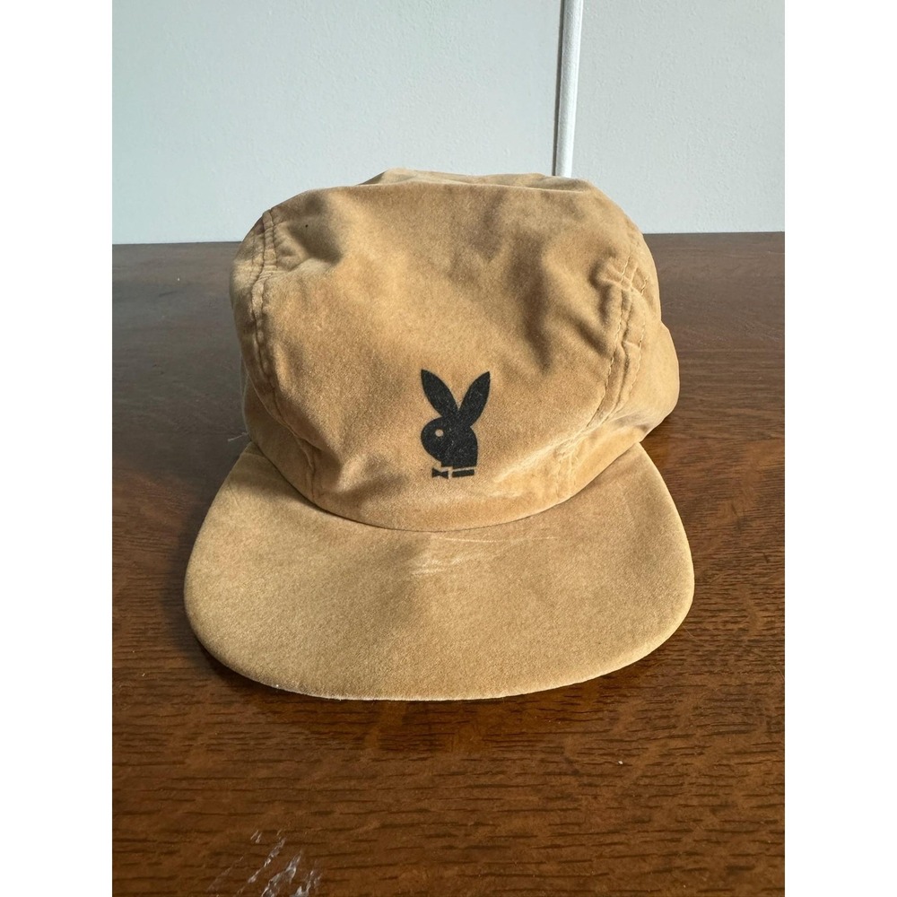 Vintage Playboy Hat Cap 5 Panel One Size Beige Suede Bunny Logo Mens Streetwear